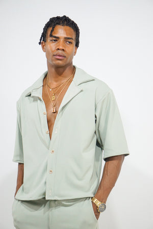 Sage Crepe Short Sleeve Button Up